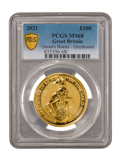 PCGS 2021 1oz Gold Queen's Beast 'Greyhound' MS68