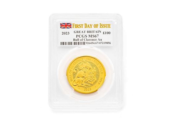 PCGS 2023 1oz Gold First Day of Issue Tudor Beast 'Bull' MS67