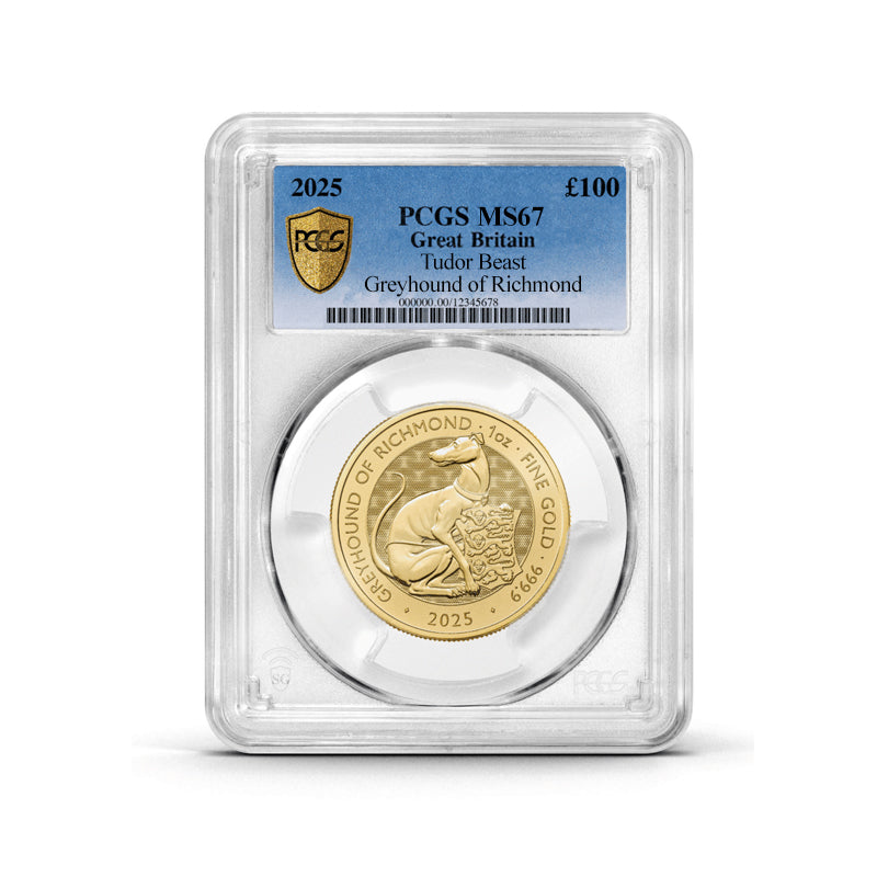 PCGS Certified 2025 Tudor Beast Greyhound of Richmond 1oz Gold Coin MS67