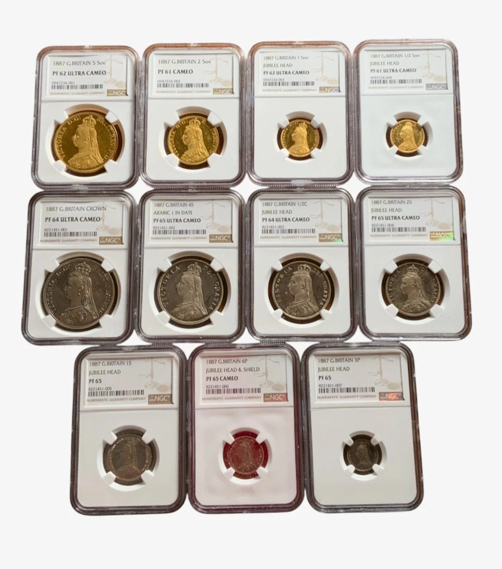 1887 11-Coin Gold Proof set Five Pound to Threepence NGC PF61 - PF65 Ultra Cam