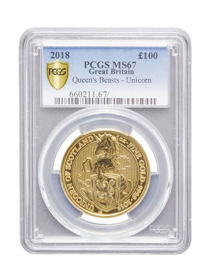 PCGS 2018 1oz Gold Queen's Beast 'Unicorn' MS67