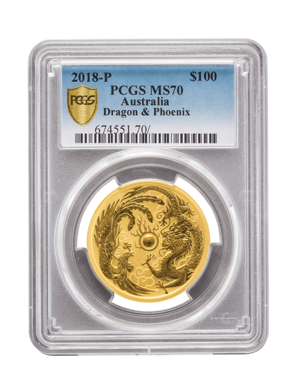 PCGS 2018 1oz Gold Australian Dragon and the Phoenix MS70