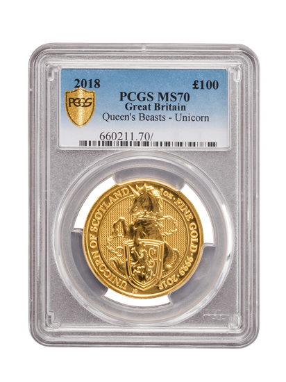 PCGS 2018 1oz Gold Queen's Beast 'Unicorn' MS70