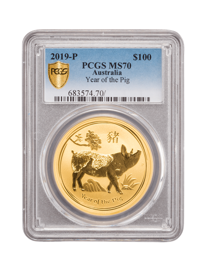 PCGS 2019 1oz Gold Australian Lunar I 'Year of the Pig' MS70