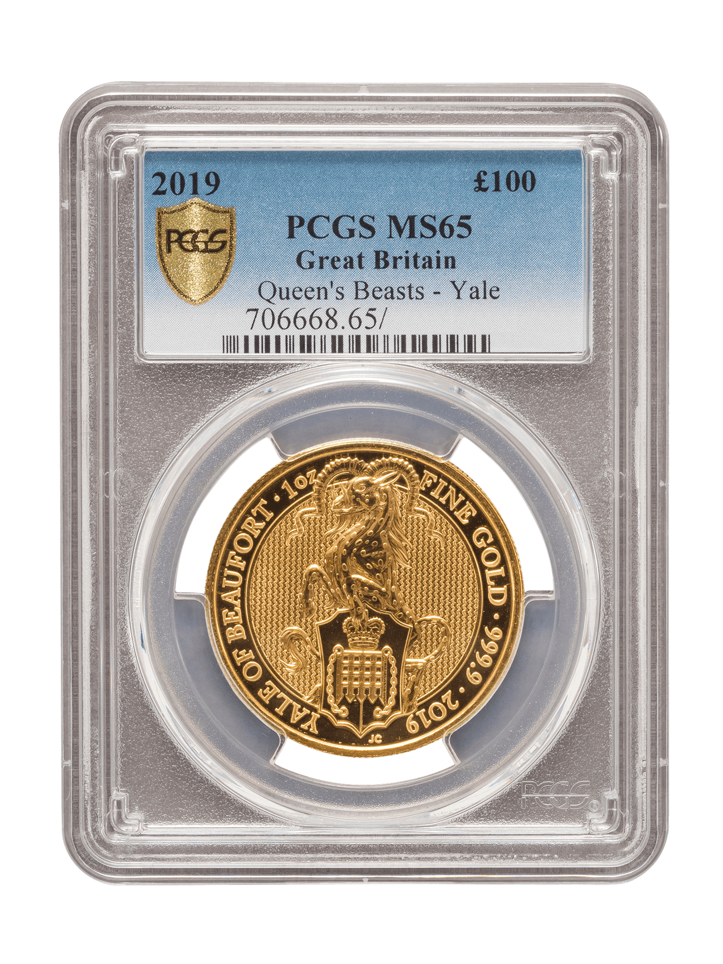 PCGS 2019 1oz Gold Queen's Beast 'Yale' MS68