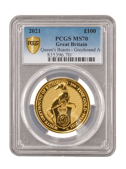 PCGS 2021 1oz Gold Queen's Beast 'Greyhound' MS70