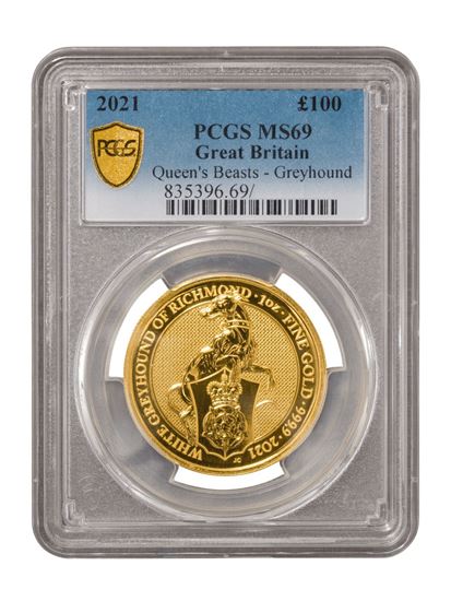 PCGS 2021 1oz Gold Queen's Beast 'Greyhound' MS69