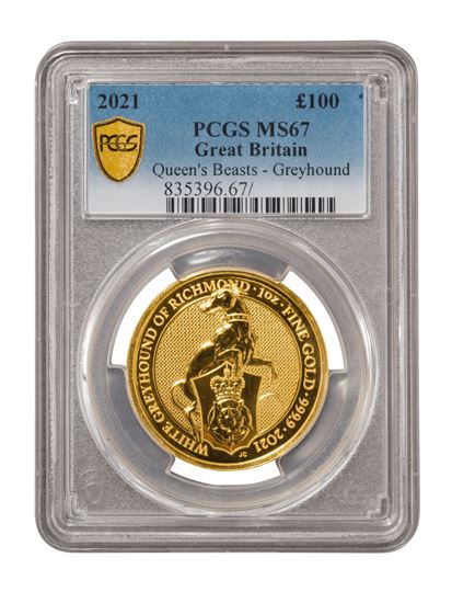 PCGS 2021 1oz Gold Queen's Beast 'Greyhound' MS67