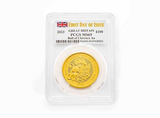 PCGS 2023 1oz Gold First Day of Issue Tudor Beast 'Bull' MS69
