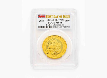 PCGS 2023 1oz Gold First Day of Issue Tudor Beast 'Bull' MS68