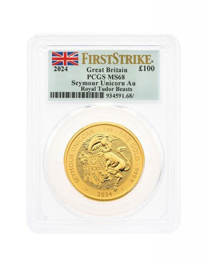 PCGS 2024 1oz Gold Tudor Beast 'Unicorn' First Strike MS68