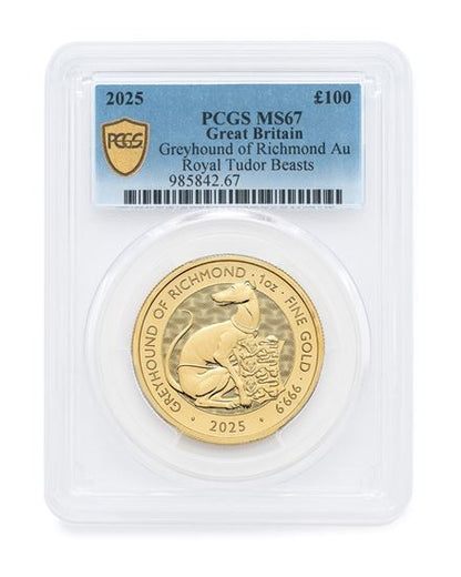PCGS 2025 1oz Tudor Beast 'Greyhound' Gold Coin MS67