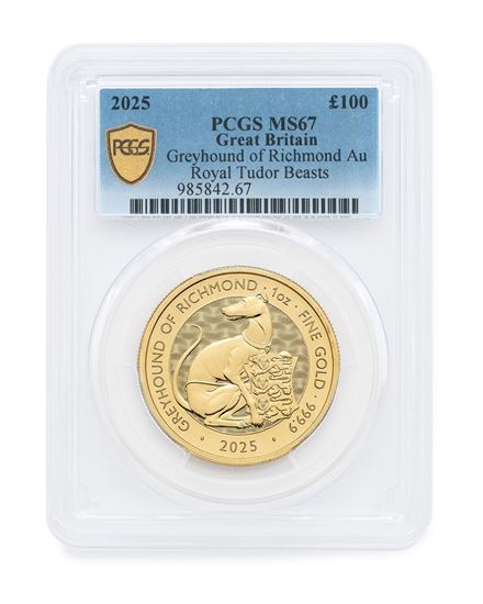 PCGS 2025 1oz Tudor Beast 'Greyhound' Gold Coin MS67